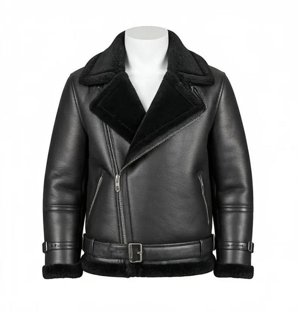 Handmade Black B3 Bomber Aviator Shearling Fur Jacket | Sheepskin Shearling Fur Flying pilot Winter Jacket | Men's RAF Real Leather Jacket