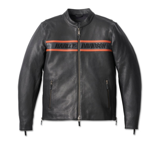 Harley-Davidson Men's Black Leather Motorcycle Jacket - Orange & Grey Racing Stripe