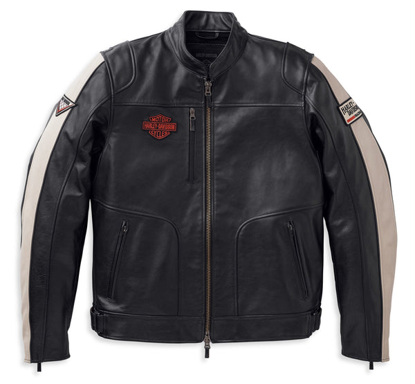 Harley-Davidson Men's Black Leather Racing Jacket - Cream Shoulder Panels & Bar & Shield