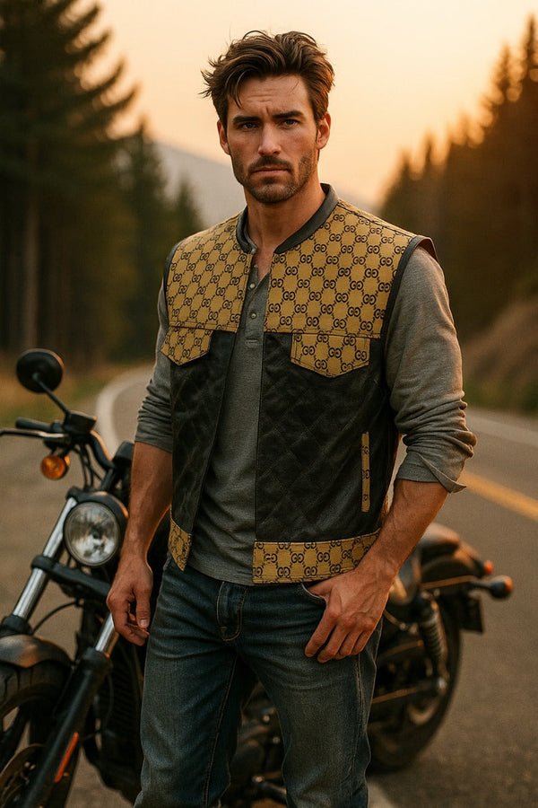 Men’s Luxury G*cci Leather Biker Vest Designer Pattern & Quilted Finish