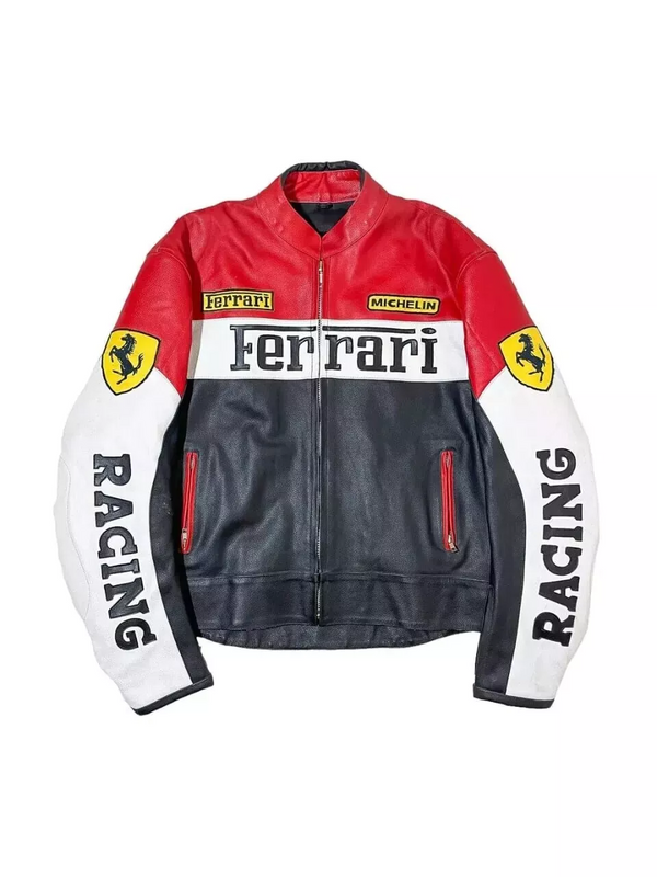Ferrari Racing Red, Black & White Leather Biker Jacket