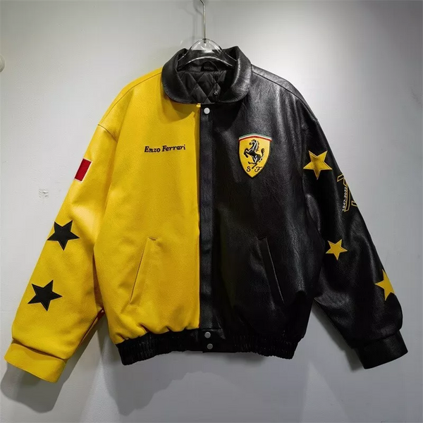 Real Cowhide Ferrari Bomber Jacket - Half Yellow/Black Star Design for Racing & Streetwear