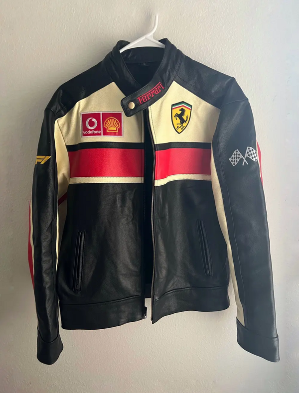 Premium Leather Ferrari F1 Racing Jacket in  Black, Cream & Red - Vodafone & Shell Sponsors