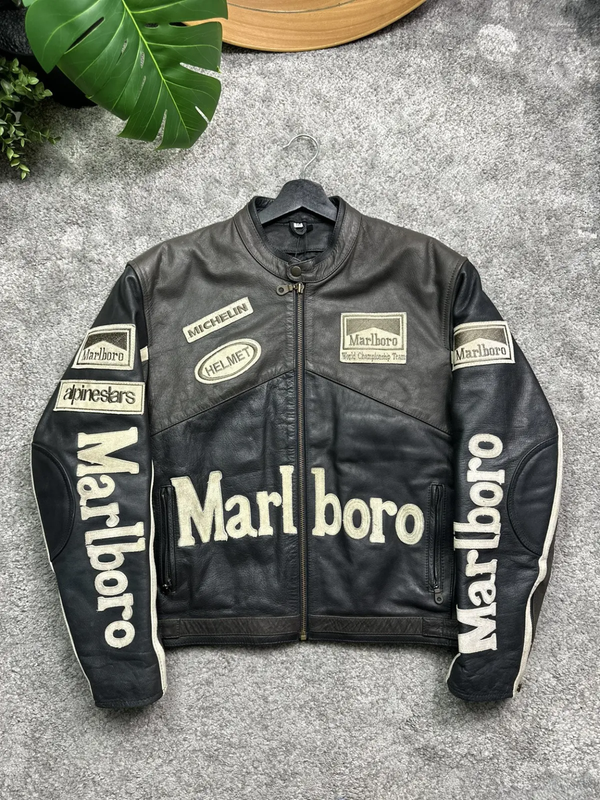 Marlboro Black Racing Motorcycle Leather Jacket – Premium Cowhide Biker Gear