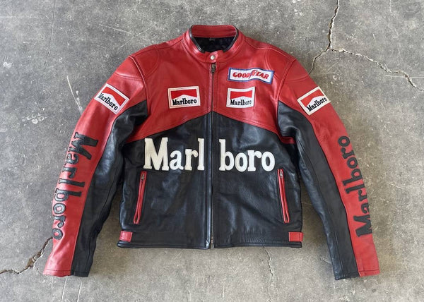 Vintage Marlboro Racing Leather Jacket – Red & Black Cowhide Motorcycle Gear