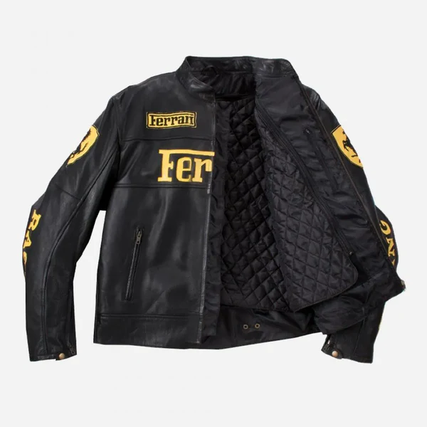 Classic Black Genuine Leather Ferrari Racing Jacket - Yellow Logos & Quilted Interior
