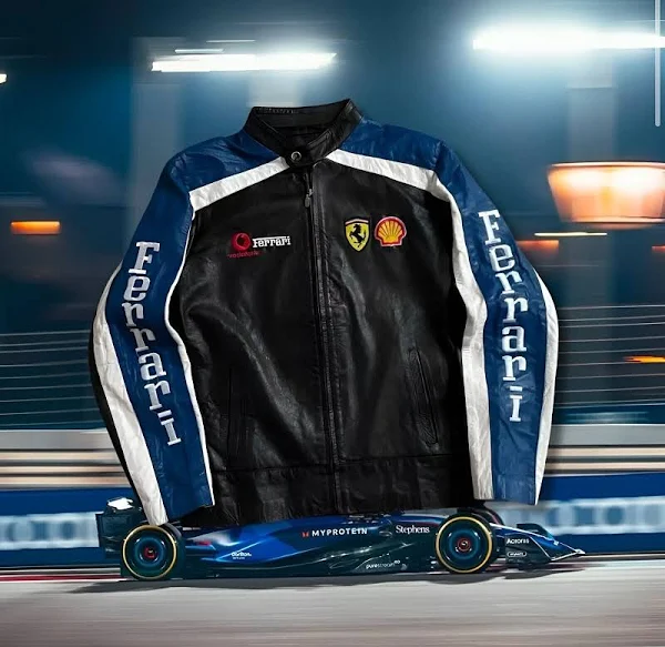 Ferrari Blue & White Racing Jacket – 100% Genuine Leather F1 Motorcycle Streetwear