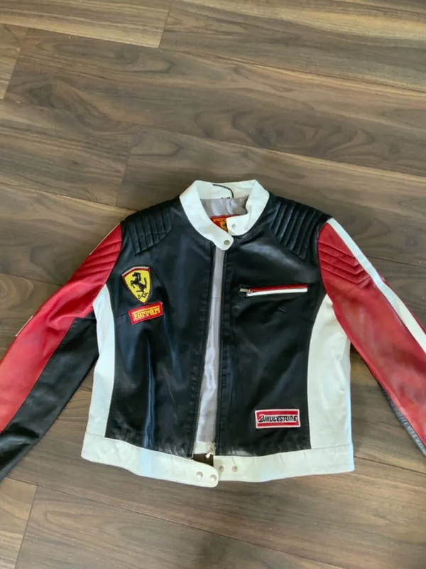 Premium Genuine Leather Ferrari Racing Jacket  Black, White & Red Color Block