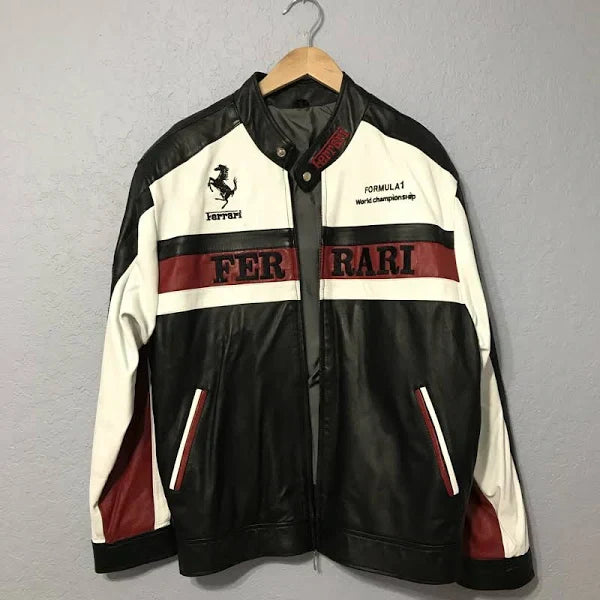 Ferrari Formula 1 Racing Leather Jacket – Black, White & Red Motorsport Outerwear