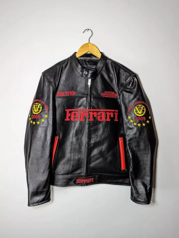 Ferrari Michael Schumacher Racing Jacket – 100% Genuine Leather F1 Moto Streetwear (2009 Edition)
