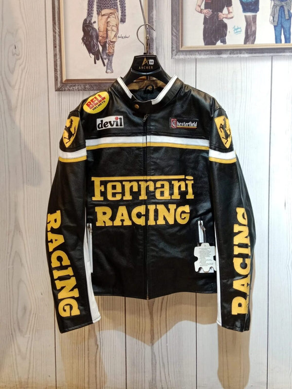 Premium Black & Yellow Ferrari RACING Leather Jacket - Vintage Biker F1 Style