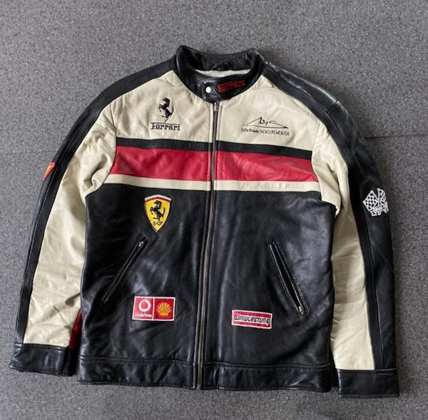 Ferrari Racing Cowhide Leather Jacket – Michael Schumacher Inspired F1 Team Edition