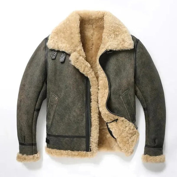 Men's Dark Green Aviator Bomber RAF B3 Winter Jacket, Style Flying Pilot, Warm Shearling Fur Real Sheepskin Leather Jacket,