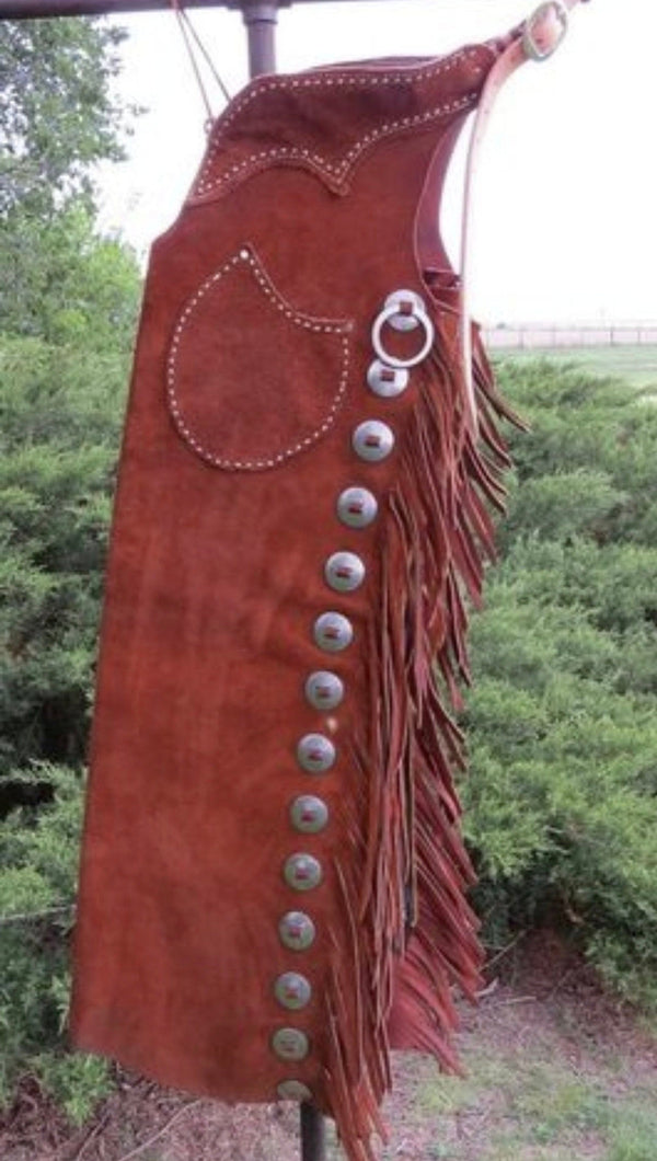 Leather Chap Red Suede Fringes Style Braided Chap Western Cowboy Chap Horse Riding Chap Native Rodeo Chap Gifts For Men , Gifts For Cowboy
