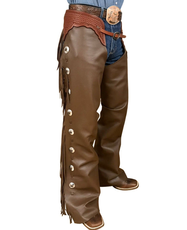 Native American cowhide Brown Leather Pant Chap Handmade Western Cowboy Chap Mountain Men , Horse Gifts For Men
