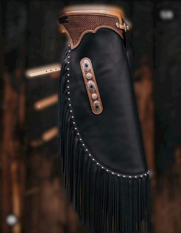 Native American Cowhide Black Canchoo Style Leather Pant Chap Handmade Western Cowboy Chap Mountain Men Western Chaps gifts For Men