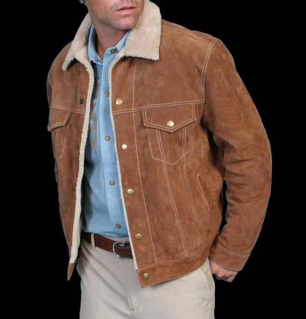 Men Traditional Western Jacket Men Western Fur Jean Jacket - Aztec Trim Suede Jacket - Brown Rode Countryside Fashion Jacket , Gifts For Him