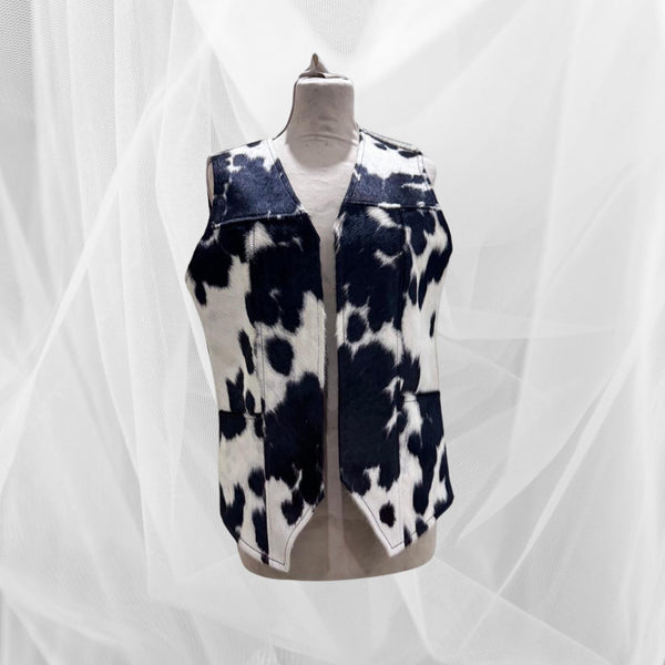 Cowhide hair on hide Leather Vest for Men, Black and White Leather Vest , Handmade Cow Skin Western Style Vest