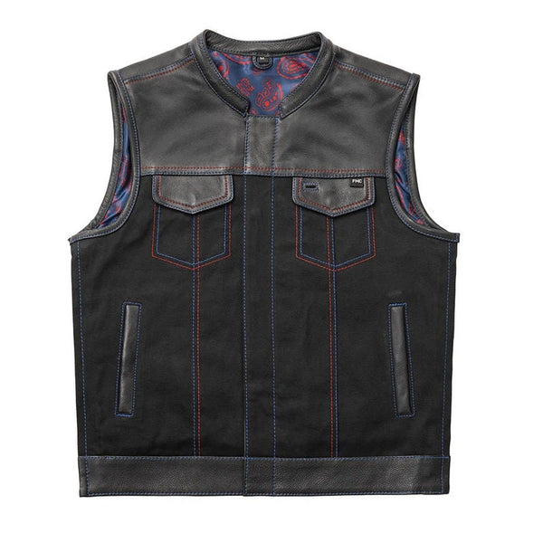 Denim Vest Red Blue Paisley Biker Vest, Hunt Club Leather Builder Diamond Quilted Custom Biker Vest, leather Vest
