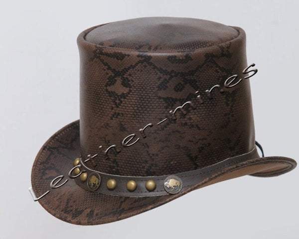 Top Hat Men's Leather Snake Style Motorcycle Five Cent & Studs Band Biker Top Hat- Brown