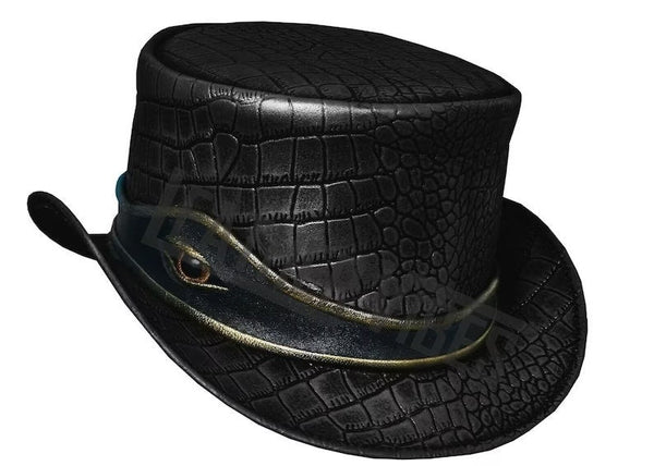 Top Hat-Eye Band Crockodile Plated Black Leather hat,Leather Top Hat,Gothic Top Hat,Mens Top Hat,Steampunk Top Hat,Custom Top Hat