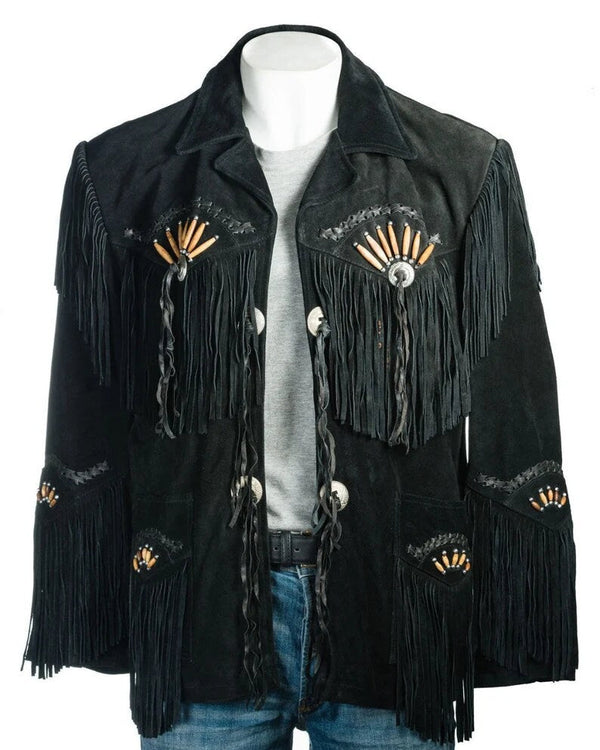Men Black Suede Vintage Traditional Western Cowboy Leather Jacket With Fringe Hand Made Country Side Red Indian Western Wear