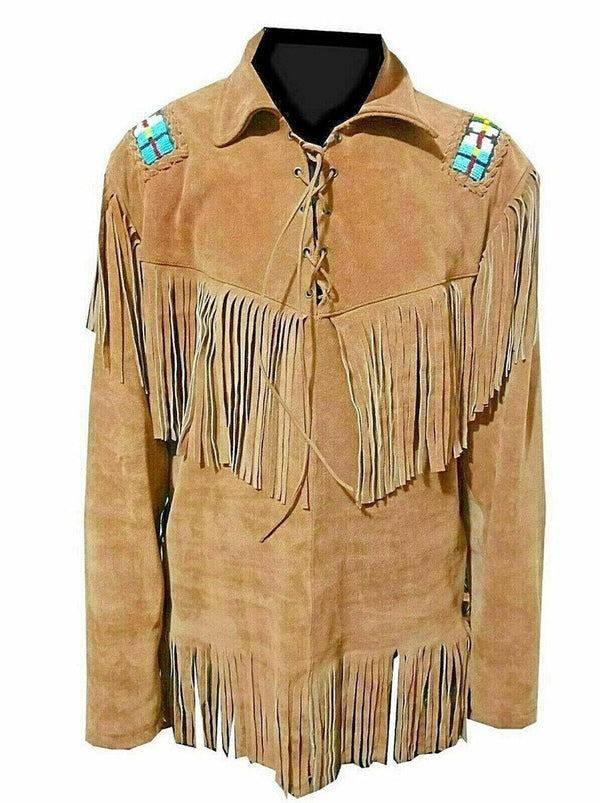Men Brown Suede Vintage Traditional Western Cowboy Leather Jacket Lases Style Fringe Hand Made Country Side Red Indian Western Wear