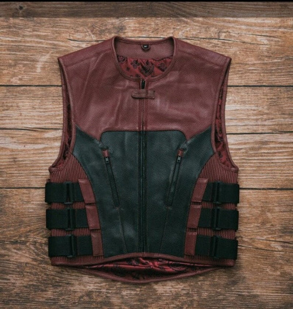 Leather Vest Mens Hunt Club Diamond Quilted Black & Maroon Leather Build Denim Style Rider Motorcycle Leather Vest Mens Vest