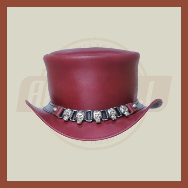 Brownish Purple Leather Skull & Skulls D Band Steampunk Top Hat Motorcycle Rider Biker