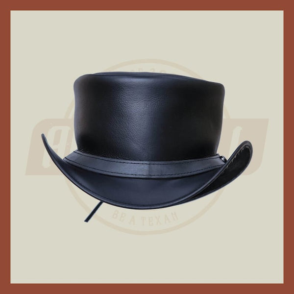 Handmade Steampunk Simple Plain Band Leather Black Motorcycle Rider Biker Top hat, Black Leather Top Hat