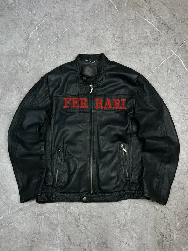 Sleek Black Genuine Leather Ferrari Biker Jacket - Red Embroidered Logo & Minimalist Style