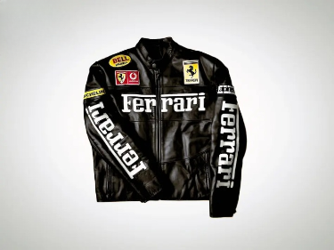 Premium Black Leather Ferrari Racing Biker Jacket with White Ferrari Patches - Vodafone & Michelin Edition
