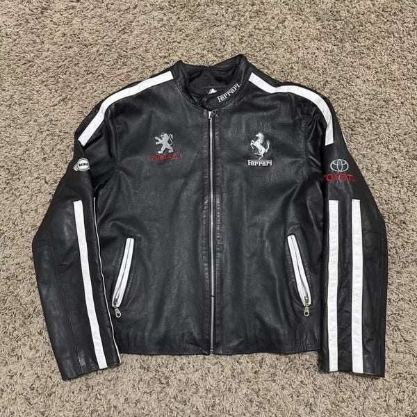 Exclusive Multi-Brand Motorsport Black Leather Jacket - Ferrari, Corvette, Audi Tribute