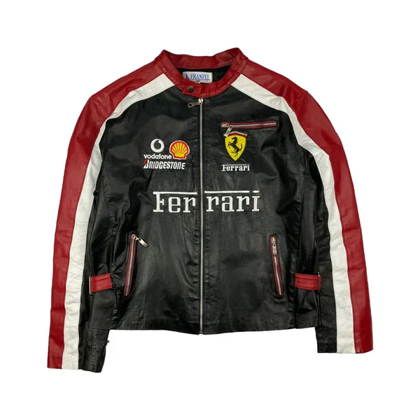 Ferrari F1 Racing Leather Jacket – Black Red White Motorsport Jacket with Logos