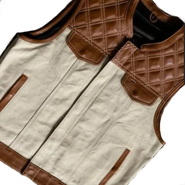 Leather Vest White & Brown Leather Vest Diamond Quilted Denim Vest Leather Men Vest Biker vest Motorcycle Vest Men Motorcycle Gifts For Men