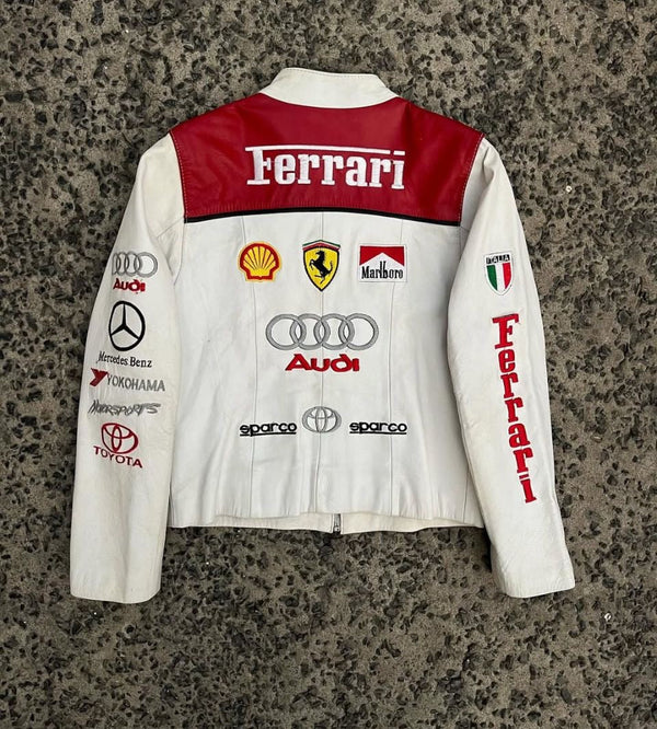 Exclusive White & Red Genuine Leather Ferrari Motorsport Racing Jacket - Multi-Sponsor Edition