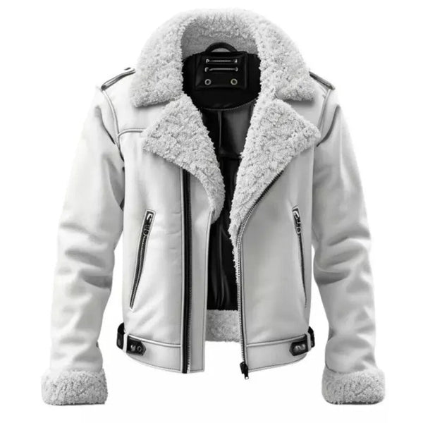 Men's Stylish White Aviator Bomber  Flying Premium Jacket Genuine Shearling Fur Real Sheepskin Leather Jacket for Winter Style