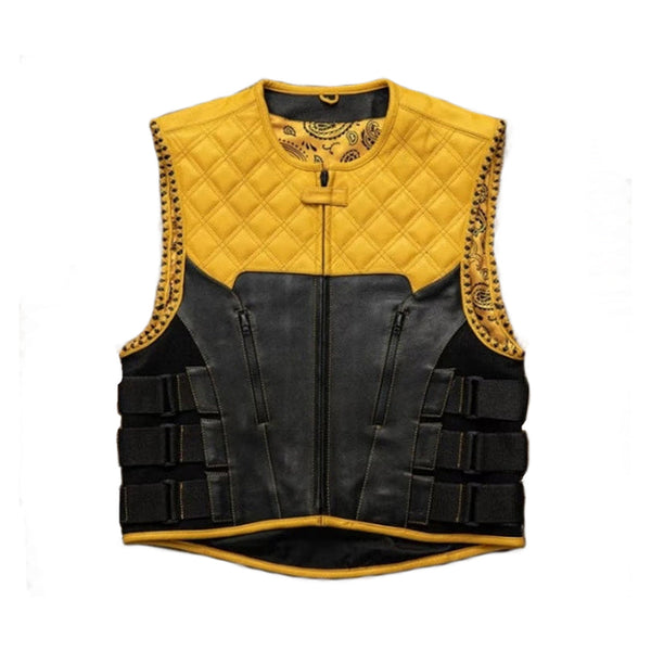 Leather Vest Mens Hunt Club Diamond Quilted Black & Yellow Paisley Leather Build Denim Style Rider Motorcycle Leather Vest Mens Vest